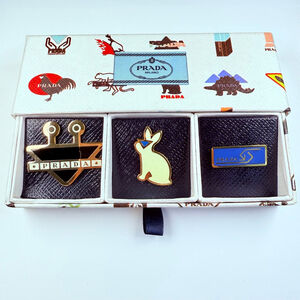 AUTH Prada Logo Enamel Metal Trio Pin Brooch Unisex Set New w/ Box NWT Italy
